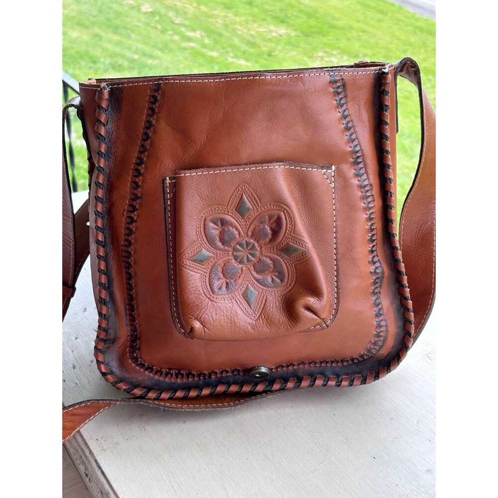 Patricia Nash Tan Hand Tooled Leather Satchel Crossbody bag with Floral Design - Picture 4 of 10